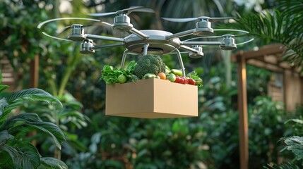 Poster - A high-tech drone carrying a brown grocery box filled with fresh vegetables and fruits