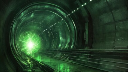 Poster - A massive particle accelerator tunnel, with glowing energy beams colliding at near-light speeds, releasing bursts of exotic particles.