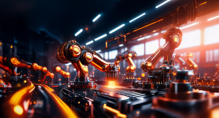Poster - Futuristic factory with robotic arms assembling parts on a conveyor belt. Orange and blue lighting creates a dramatic, modern industrial scene.