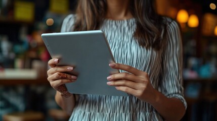 Female hands interacting with a digital tablet, indicating contemporary use of technology for work or personal purposes.