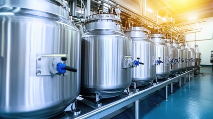 Poster - Dairy processing plant with stainless steel tanks and automated milk bottling lines