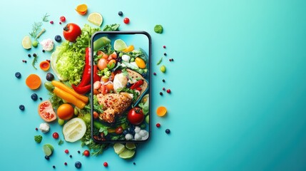 Poster - Digital food ordering concept with a smartphone displaying meal choices on a bright background