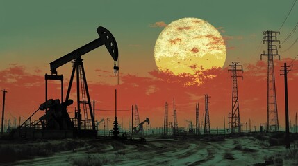 Poster - a mining drill rig setup on an oilfield site, where drilling operations are extracting oil at great 