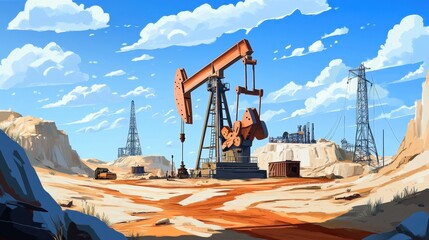 Poster - a mining drill rig setup on an oilfield site, where drilling operations are extracting oil at great 