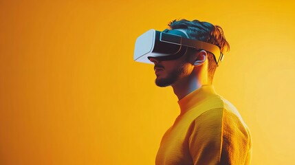 Poster - Young Man Experiencing Immersive Virtual Reality Headset Technology Modern Yellow Background Futuristic Innovation Digital Metaverse VR 3D male game  