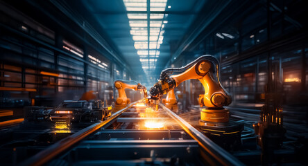 Aufkleber - Robotic arms automate production inside a brightly lit industrial factory. Steel and metal machinery work along the line, showcasing advanced manufacturing.