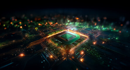 Leinwandbilder - Illuminated stadium at night, resembling a digital circuit board with bright lights.  An aerial perspective shows the futuristic, glowing arena and its surroundings.