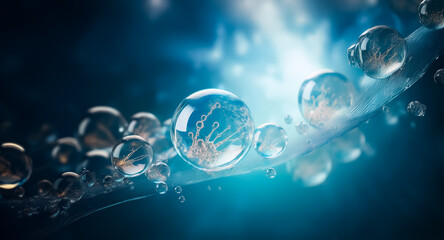 Aufkleber - Macro view of water droplets clinging to a textured surface with a soft, blurred blue backdrop. The spheres reflect light, highlighting intricate details.