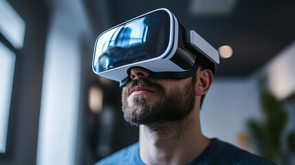 Poster - Modern Man Using Advanced Virtual Reality Headset Immersive Digital Experience Futuristic Technology Innovation Exploring Metaverse Virtual Worlds    