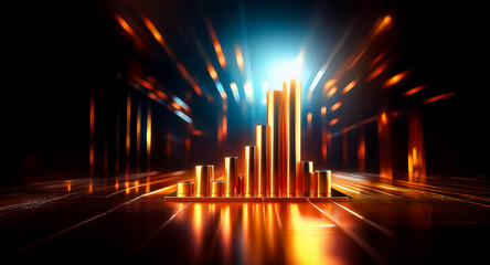 Aufkleber - Abstract golden columns of varying heights stand out against a dark backdrop with bright streaks of light.  Illuminated, they create a dynamic, modern, and possibly futuristic scene with glowing refle