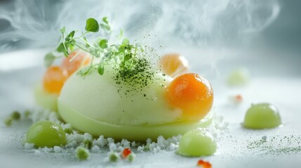 Poster - A molecular gastronomy creation with powder made from fresh herbs that dissolves into a flavorful mist when added to the dish.