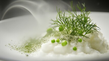 Poster - A molecular gastronomy creation with powder made from fresh herbs that dissolves into a flavorful mist when added to the dish.