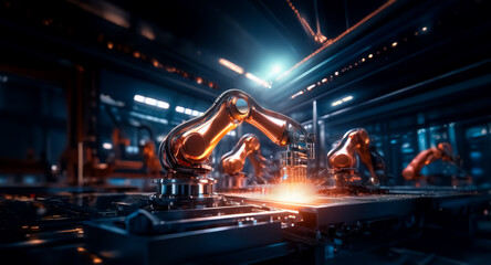 Aufkleber - Automated robotic arms work in a modern factory, using precise movements for manufacturing. Metallic machinery and industrial lighting illuminate the scene, showcasing technological advancement and ef