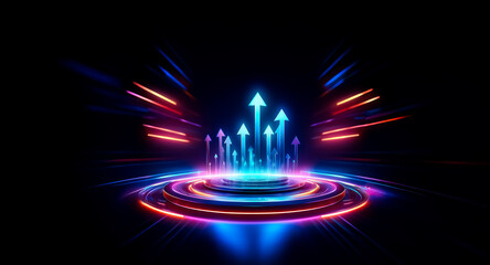 Aufkleber - Abstract digital art featuring vibrant neon arrows rising from a circular platform on a dark backdrop, symbolizing growth and progress with dynamic light trails.