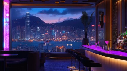 Poster - Hotel bar with a midnight cityscape view, ambient lighting, and a stylish cocktail setup