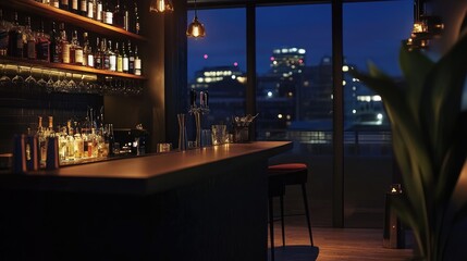 Poster - Hotel bar with a midnight cityscape view, ambient lighting, and a stylish cocktail setup