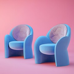 Poster - Two Modern Blue Chairs With Circular Cutouts Against a Pink Background Creating a Vibrant and Playful Decor