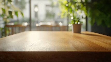 Canvas Print - beautiful wooden table top in bright, serene environment with plants in background, creating peaceful atmosphere for relaxation or work