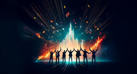 Poster - Silhouettes cheer, hands raised towards bright light rays against dark abstract backdrop, expressing success, joy, and celebration in a dynamic scene.