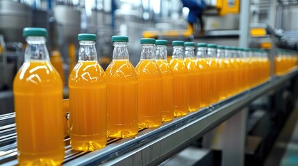 Poster - Large-scale juice production line with glass bottles being filled and sealed on a moving conveyor