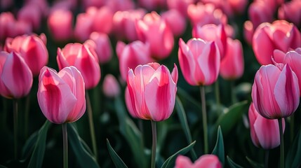 Canvas Print - Blooming Pink Tulips Field Vibrant Splendor of Spring Flowers in Soft, Warm Sunlight