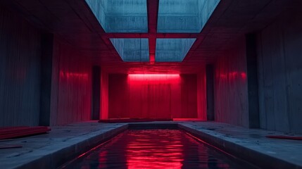 Poster - Contemporary Architectural Space With Illuminated Water Features and Contrasting Colors During the Evening Time