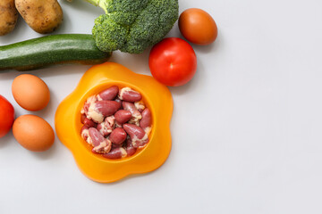 Wall Mural - Pet bowl with meat near vegetables on white background