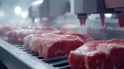 Poster - Meat processing factory with automated slicing and packaging machines in operation