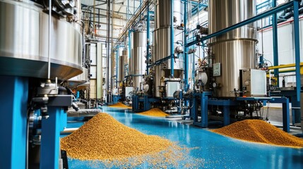 Poster - Modern spice production facility with large grinding machines processing dried herbs