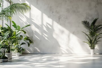 Poster - Natural Light Filters Through Large Windows, Casting Soft Shadows in a Minimalist Interior Space Filled With Greenery, Creating a Serene Atmosphere