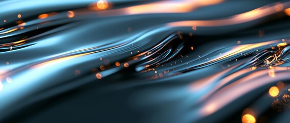 Wall Mural - fluid metal with glowing accents creates an abstract wallpaper in light blue and gold tones on a dar
