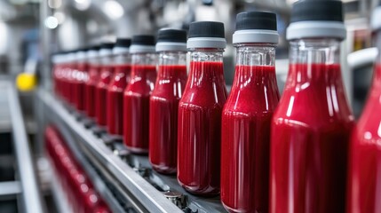 Poster - Precision bottling system in a modern juice factory, high-speed juice filling in progress