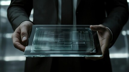 Poster - Futuristic Transparent Tablet Technology Businessman Holding Modern Device Digital Interface Screen Display Innovative Gadget Future Technology       