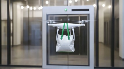 Poster - Robotic drone dropping off a fresh grocery bag at an automated pickup station