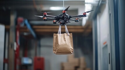 Poster - Robotic drone dropping off a fresh grocery bag at an automated pickup station