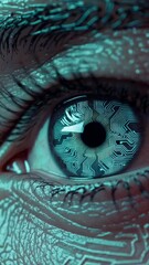 Poster - Futuristic human eye with digital circuit patterns in macro motion sequence