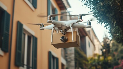 Poster - Smart home receiving fresh groceries via an autonomous drone in the early morning