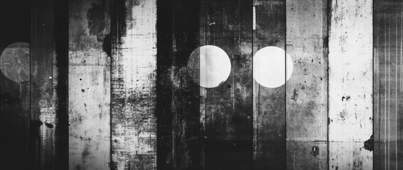 Fototapete - Abstract white lines and circles create a glitch effect in a dark room with vertical lights and shadows