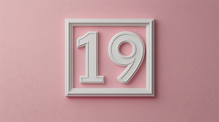 Wall Mural - A minimalistic white frame displays the number 19 against a soft pink background, creating a modern and artistic vibe.