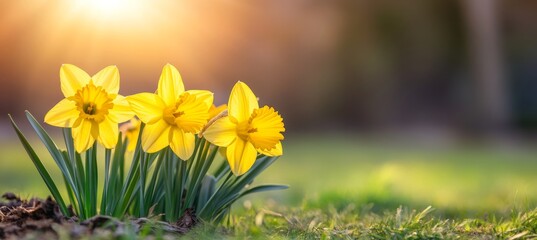 Canvas Print - Springtime Beauty Vibrant Yellow Daffodils Bask in the Warm Glow of the Golden Hour Sunlight.