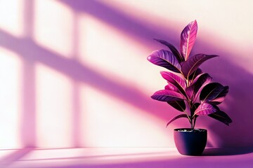 Poster - Vibrant indoor plant with deep purple leaves in a stylish pot against a modern minimalist backdrop with soft shadows and gentle lighting