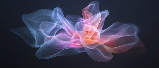 Wall Mural - Abstract digital art piece that appears to be a flower or a flower. the background is black, and the flower is made up of multiple layers of light blue and pink lines that create a wave-like pattern.