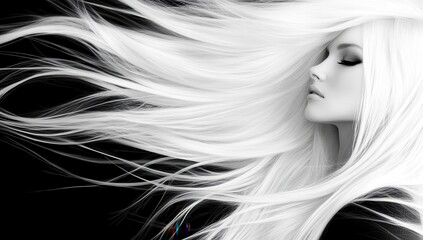 Poster - Ethereal Beauty with Flowing Silver Hair Against Dark Background Captured in Striking Black and White Photography, Perfect for Fashion and Art Projects