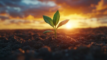 Poster - Against a backdrop of vibrant sunrise, a fresh green sprout emerges from dark soil, showcasing the beauty of nature's resilience and the promise of new beginnings amidst serene morning light