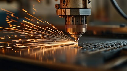Poster - high-quality close-up of laser cutting metal with sparks flying in industrial workshop environment