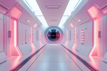 Poster - Futuristic sci-fi corridor with glowing pink lights and circular portal creating a vibrant and imaginative space in a high-tech environment