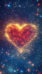 Wall Mural - A Glowing Red Heart Made of Sparks on a Sparkling Blue Galaxy Background, Digital Illustration