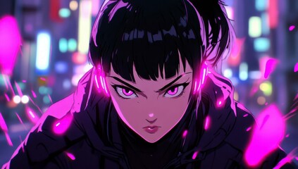Poster - Futuristic cyberpunk female character with glowing headphones and vibrant neon backdrop in a bustling cityscape at night