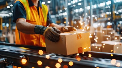 Poster - Warehouse Worker Handling Cardboard Box on Conveyor Belt with Bokeh Effect in Bright and Busy Distribution Center Environment