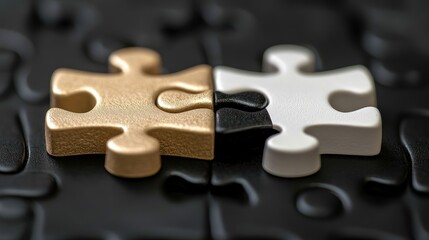 Poster - Black and White puzzle pieces fitting together, illustrating racial differences and unity.